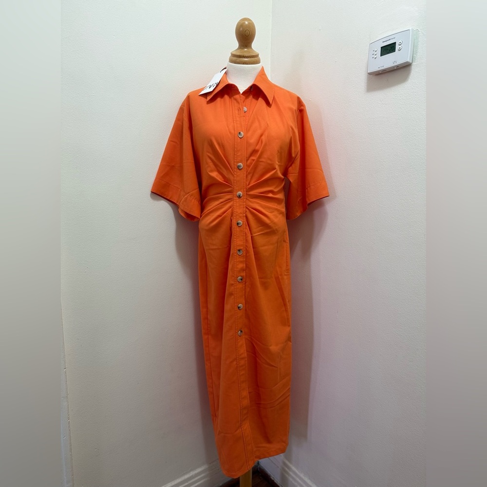 Zara Orange Button-Down Midi Dress